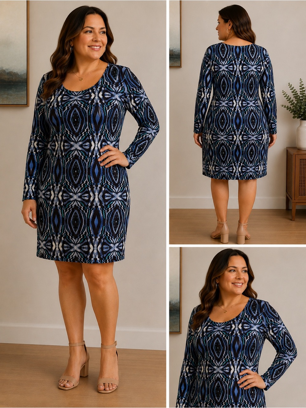 Nally  and Millie Blue Geometric Long-Sleeve Shift Dress